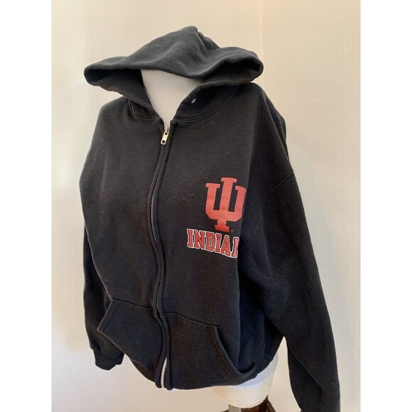 VTG 2000s y2k Russell Indiana Univ IU Hoosier Sweatshirt Hoodie Blk Zip Cotton l - Picture 7 of 16